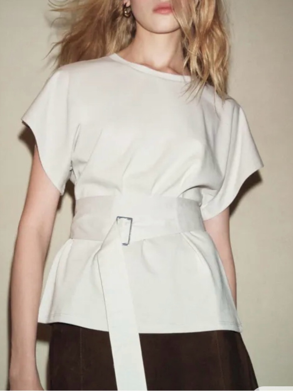 New Zara  Cream Belted Peplum Top